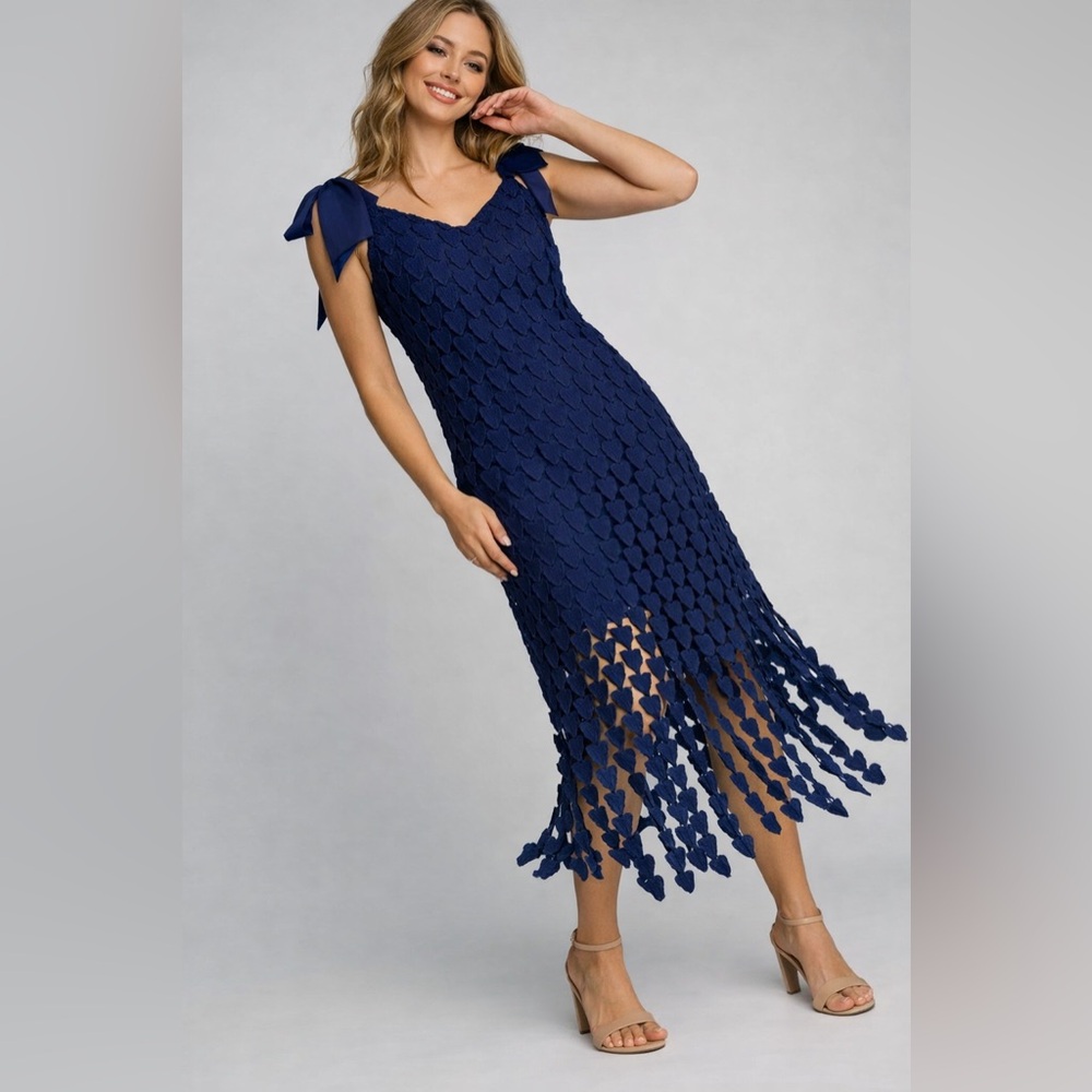 Umgee Navy Blue Heart Tassel Dress NWT Adjustable Ribbon Straps Midi Spring New